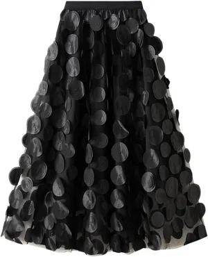 Tulle Skirt Women 3D Polka Dot Elastic Waist Mesh A-Line Midi Skirts Solid Color Fairy Party Clubwear Pleated Skirt
