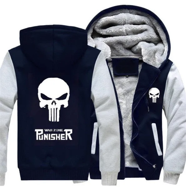 USA size Punisher Skull Cosplay Coat Zipper Hoodie Winter Fleece Unisex Thicken Jacket Sweatshirts