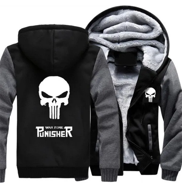 USA size Punisher Skull Cosplay Coat Zipper Hoodie Winter Fleece Unisex Thicken Jacket Sweatshirts