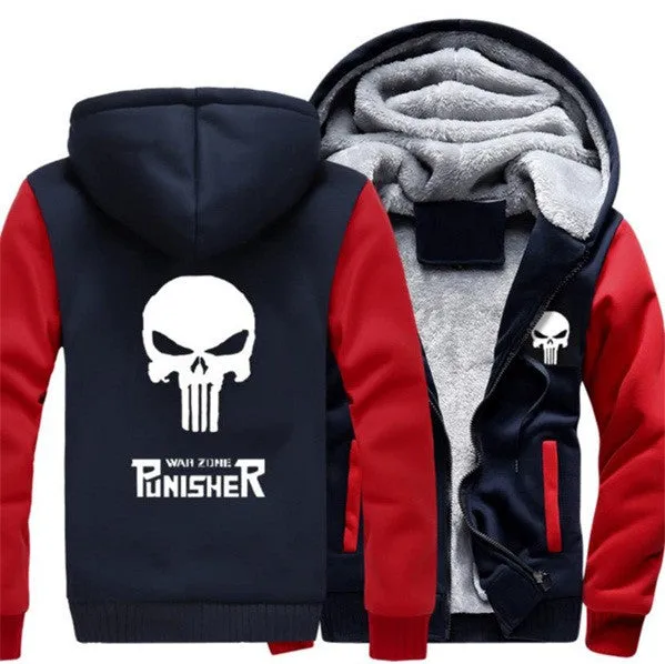 USA size Punisher Skull Cosplay Coat Zipper Hoodie Winter Fleece Unisex Thicken Jacket Sweatshirts