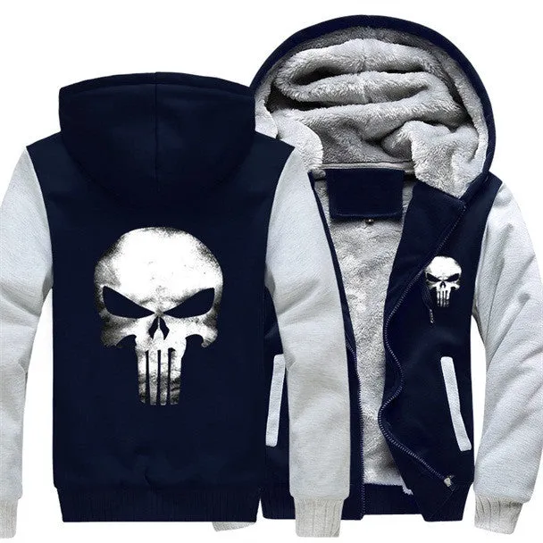 USA size Punisher Skull Cosplay Coat Zipper Hoodie Winter Fleece Unisex Thicken Jacket Sweatshirts