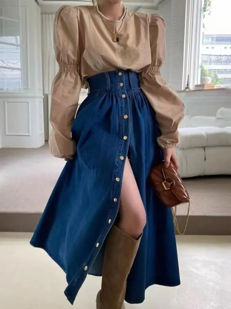 utcoco Women's High Waist Long Denim Skirt Button Down Swing A-Line Jean Maxi Skirt with Pockets