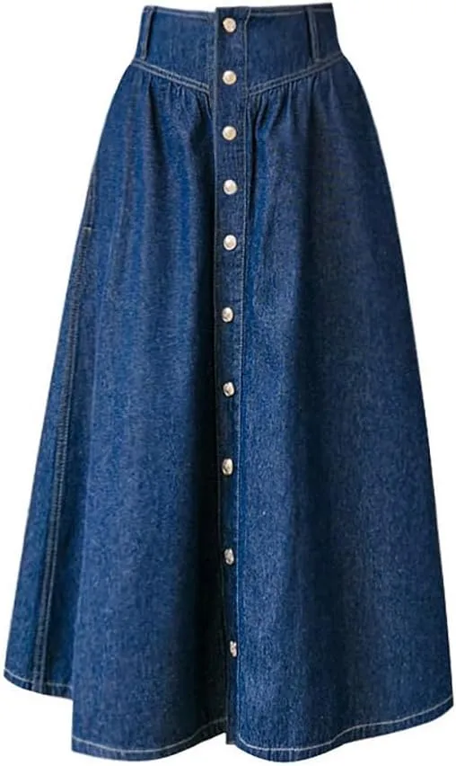 utcoco Women's High Waist Long Denim Skirt Button Down Swing A-Line Jean Maxi Skirt with Pockets