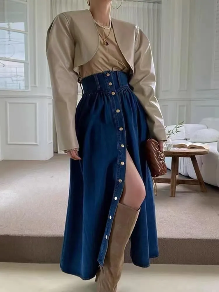 utcoco Women's High Waist Long Denim Skirt Button Down Swing A-Line Jean Maxi Skirt with Pockets