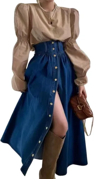 utcoco Women's High Waist Long Denim Skirt Button Down Swing A-Line Jean Maxi Skirt with Pockets
