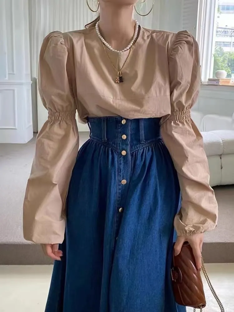 utcoco Women's High Waist Long Denim Skirt Button Down Swing A-Line Jean Maxi Skirt with Pockets