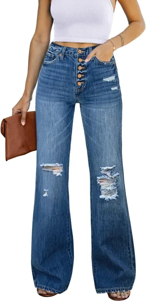 Utyful Women's High Waist Relaxed Fit Ripped Jeans Stretchy Flare Jeans Denim Pants