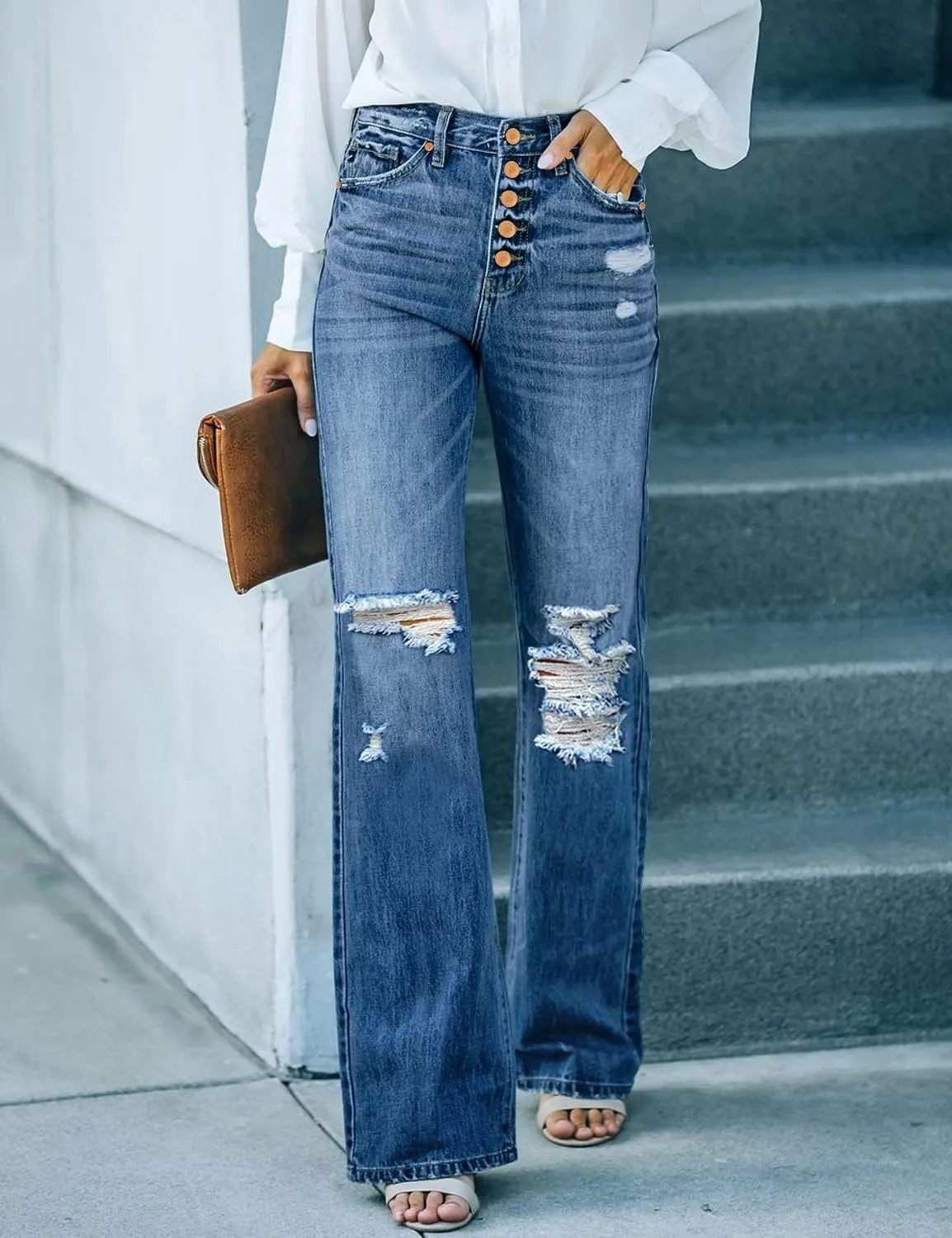 Utyful Women's High Waist Relaxed Fit Ripped Jeans Stretchy Flare Jeans Denim Pants