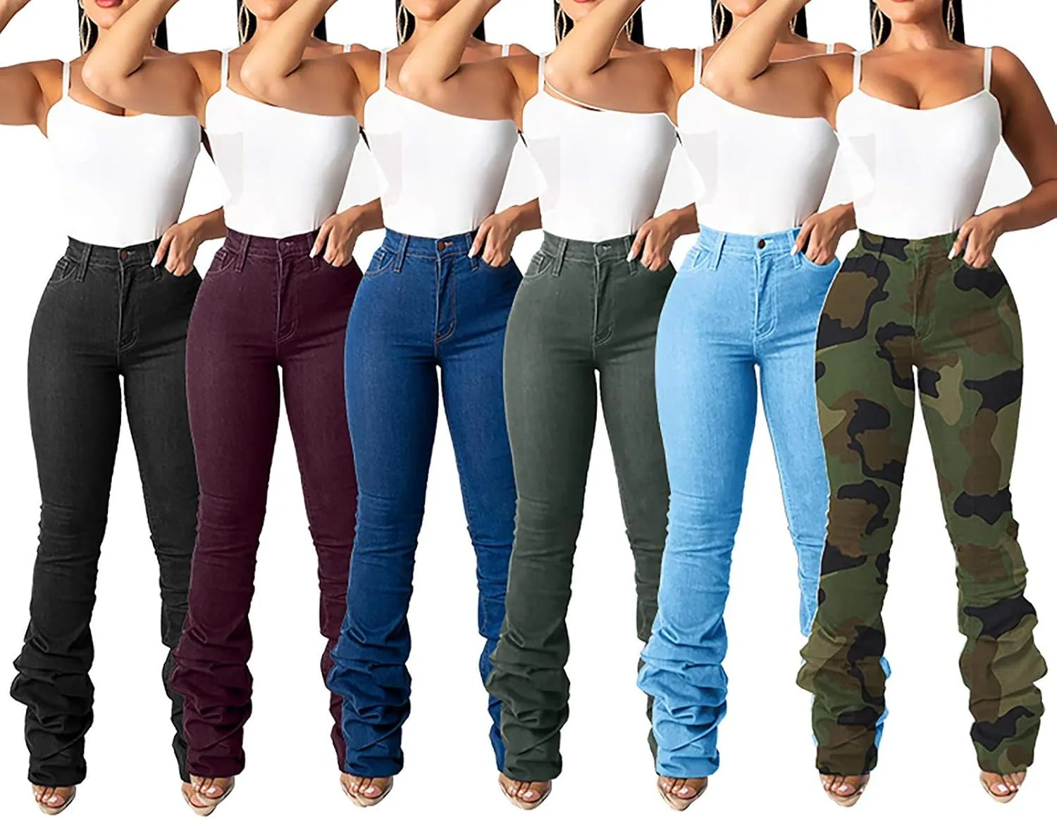 Vakkest Bell Bottom Jeans for Women Flare Jeans High Waist Bootcut Plus Size Ripped Hole Jeans Denim Leggings Pants