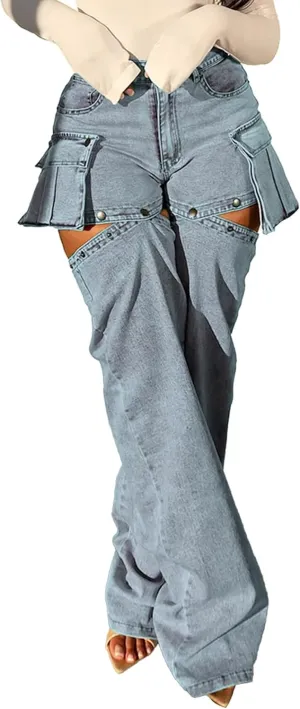 Vakkest Bell Bottom Jeans for Women Flare Jeans High Waist Bootcut Plus Size Ripped Hole Jeans Denim Leggings Pants