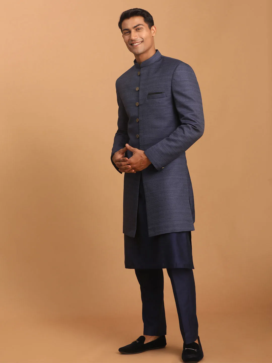 VASTRAMAY Navy Blue Sherwani Set