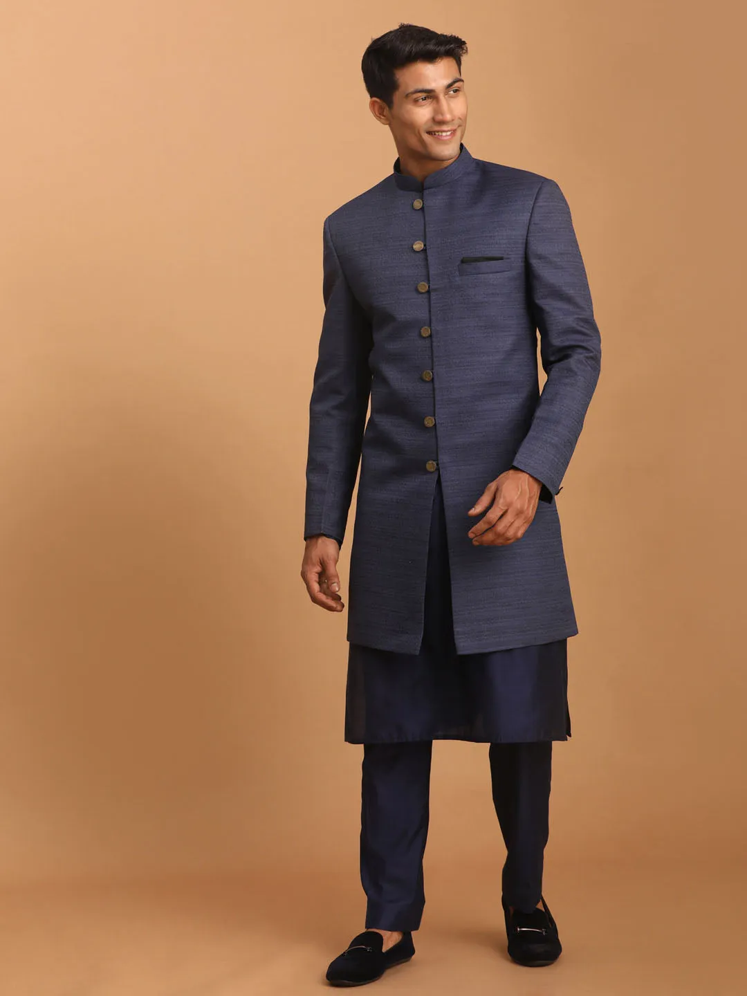 VASTRAMAY Navy Blue Sherwani Set