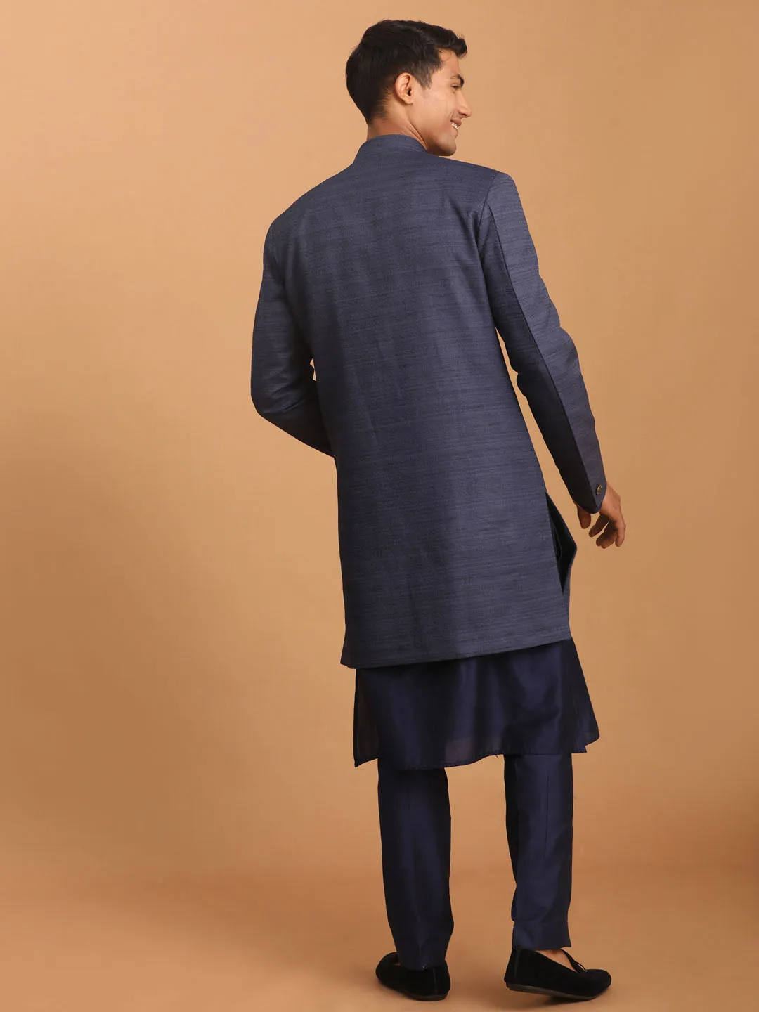 VASTRAMAY Navy Blue Sherwani Set