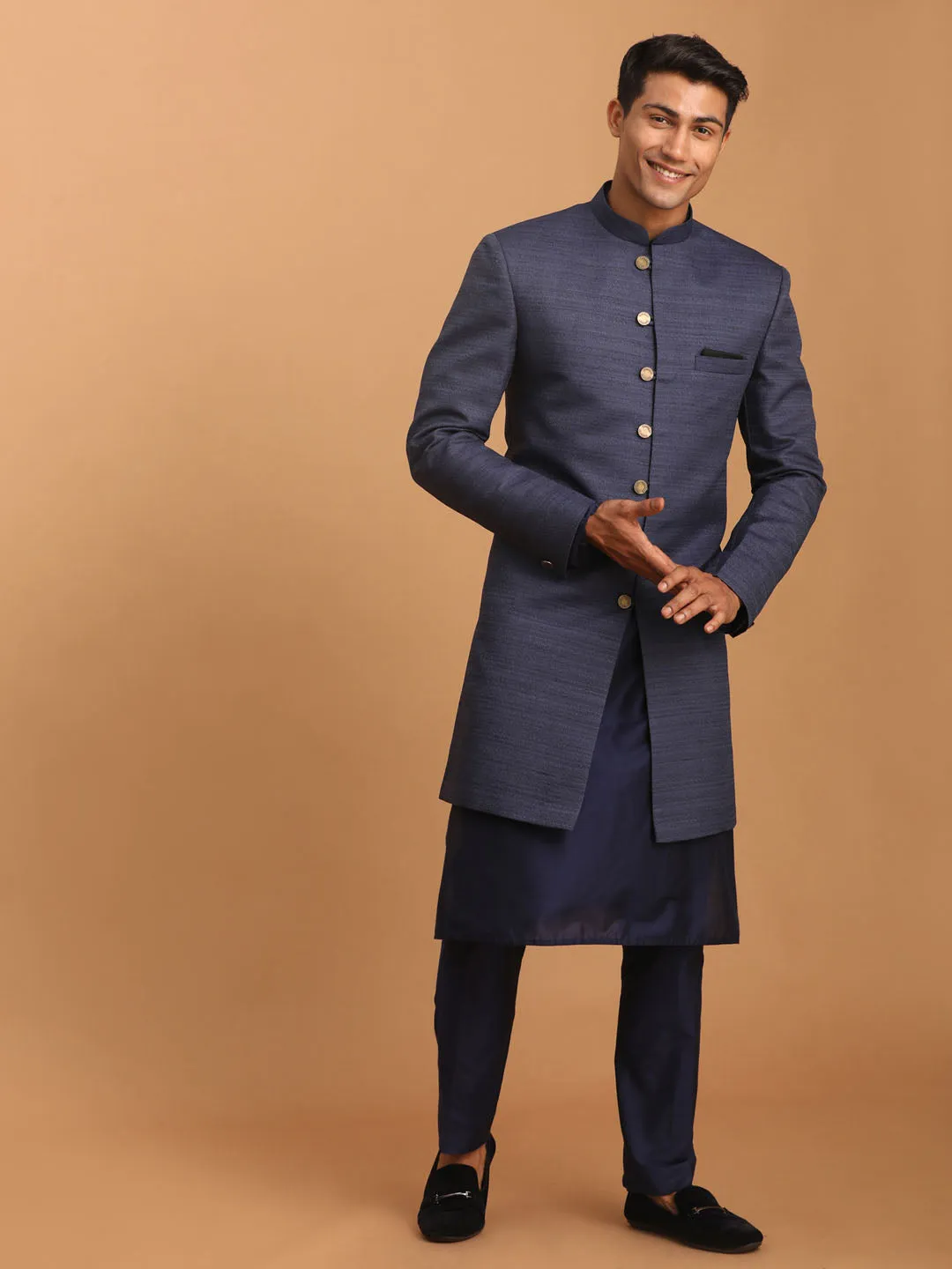 VASTRAMAY Navy Blue Sherwani Set