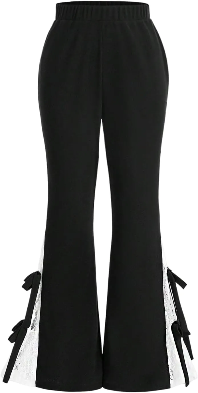 Verdusa Women's Bell Bottom Wide Leg Lace Pants Y2K Mesh Goth Flare Pants Party Clubwear