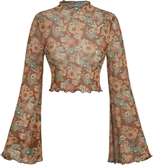 Verdusa Women's Bell Sleeve Lettuce Trim Mock Neck Floral Mesh Top Crop T Shirt