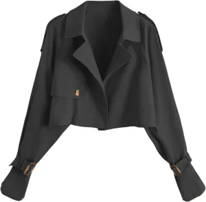 Verdusa Women's Button Front Buckle Raglan Sleeve Crop Jacket Trench Coat