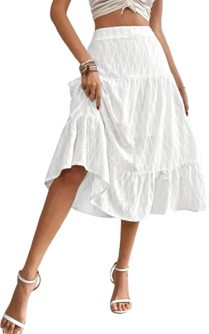 Verdusa Women's Elastic High Waist Ruffle Hem Solid A Line Flowy Midi Skirt