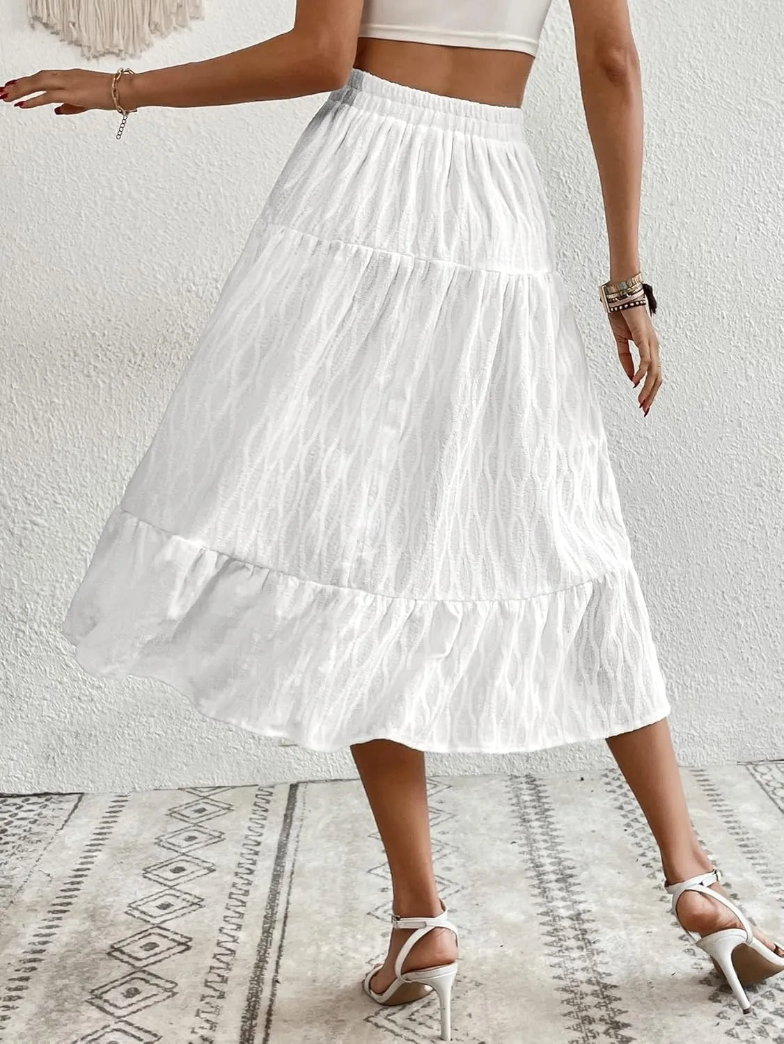 Verdusa Women's Elastic High Waist Ruffle Hem Solid A Line Flowy Midi Skirt