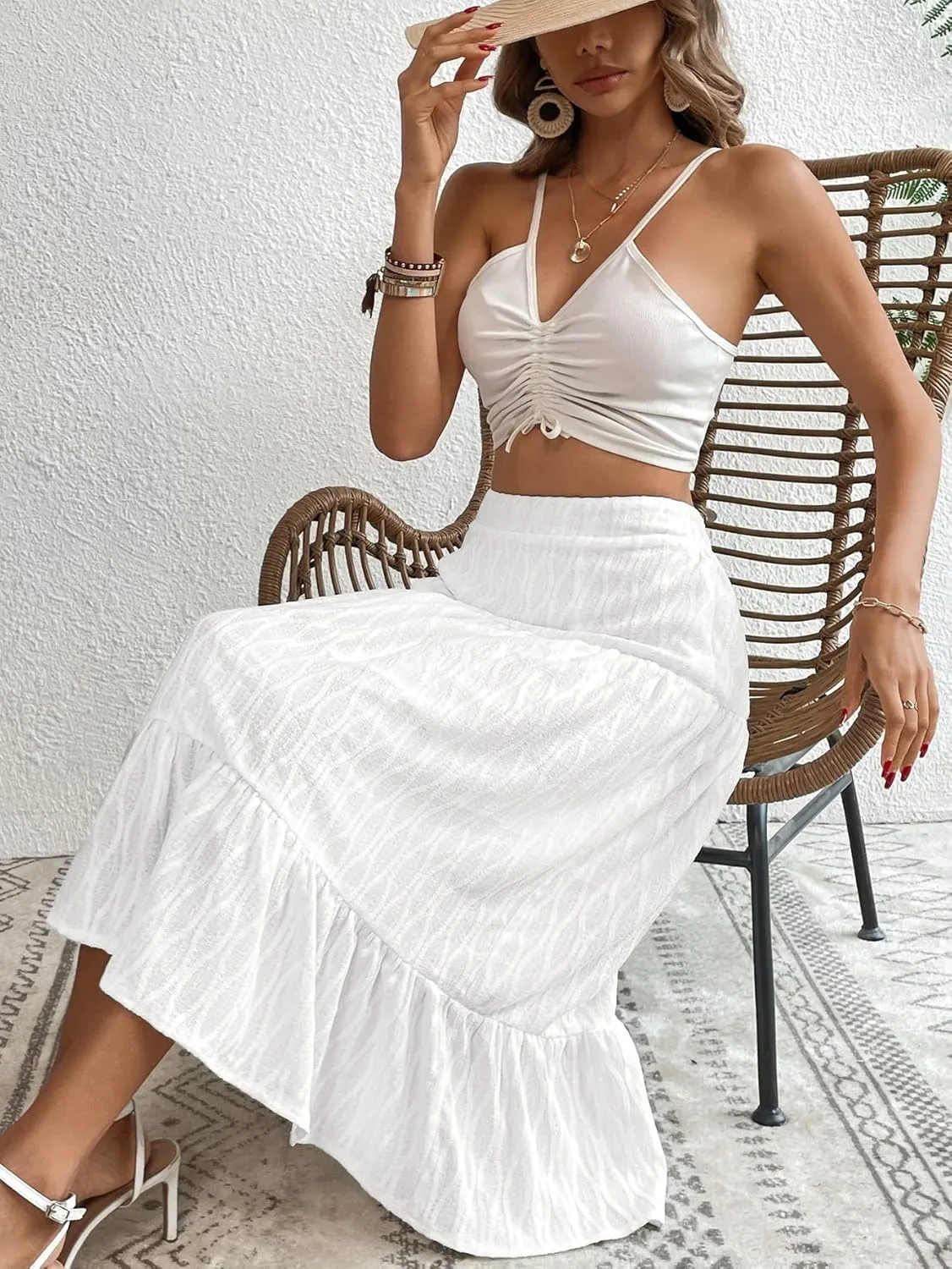 Verdusa Women's Elastic High Waist Ruffle Hem Solid A Line Flowy Midi Skirt