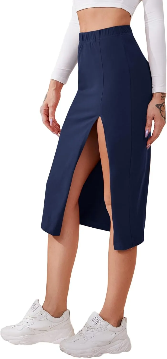 Verdusa Women's Elastic Waist Split Thigh Pencil Bodycon Midi Skirt