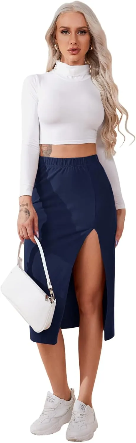 Verdusa Women's Elastic Waist Split Thigh Pencil Bodycon Midi Skirt