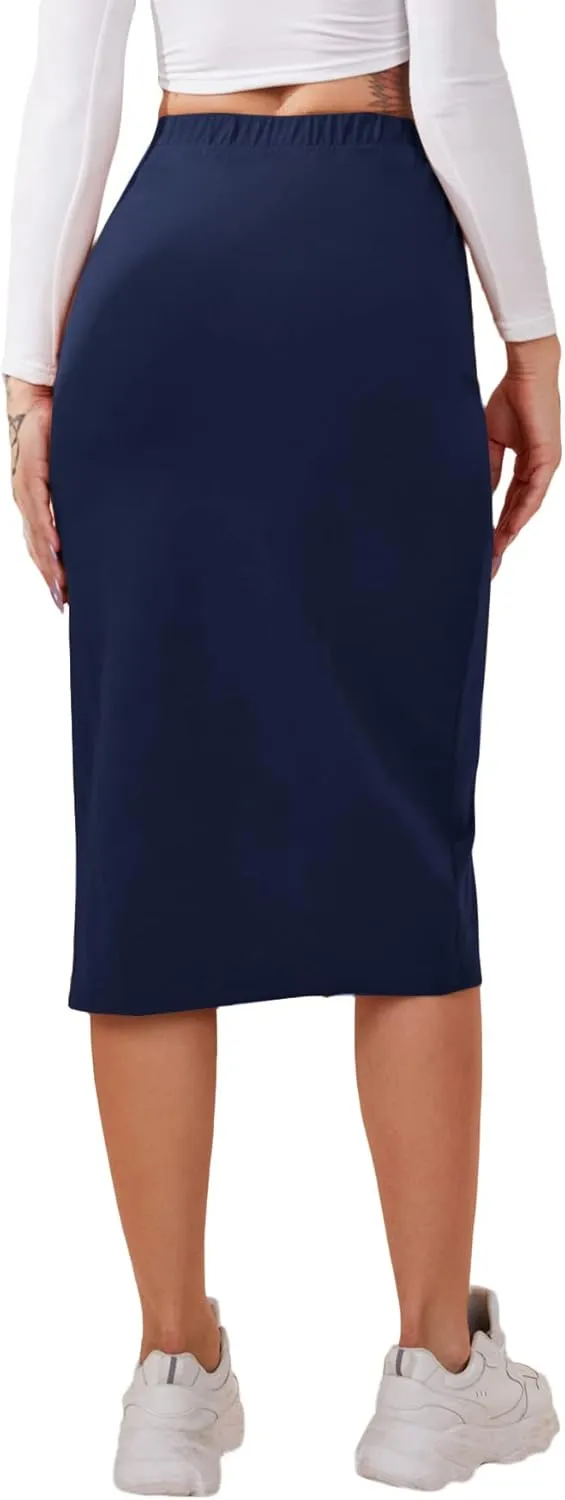Verdusa Women's Elastic Waist Split Thigh Pencil Bodycon Midi Skirt