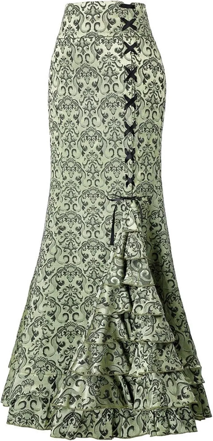Victorian Pencil Skirt for Women Vintage Steampunk Lace up Tiered Ruffle Maxi Skirts High Waisted Long Mermaid Fishtail Skirt