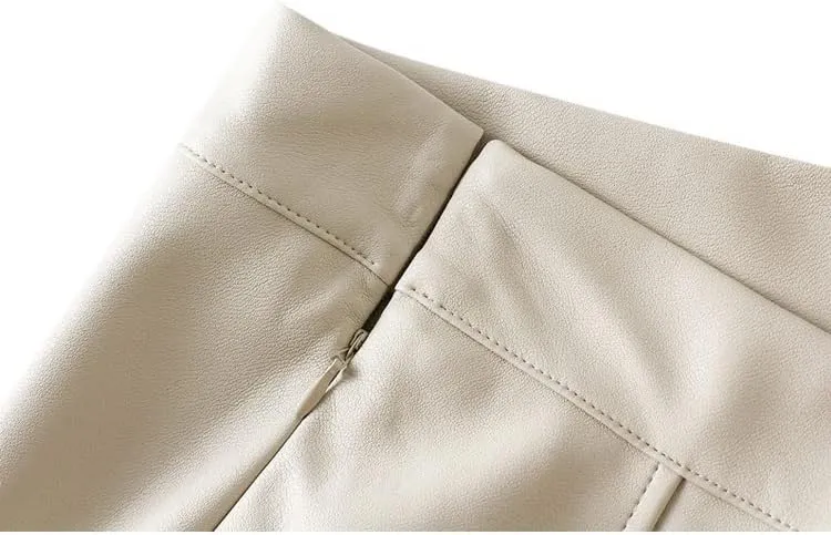 Vintage Faux Leather Skirt, Women's Autumn & Winter Midi Long A-Line, Female Beige & Khaki Elegant PU Style