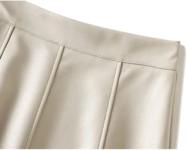 Vintage Faux Leather Skirt, Women's Autumn & Winter Midi Long A-Line, Female Beige & Khaki Elegant PU Style