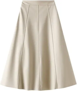 Vintage Faux Leather Skirt, Women's Autumn & Winter Midi Long A-Line, Female Beige & Khaki Elegant PU Style