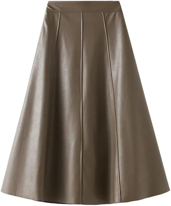 Vintage Faux Leather Skirt, Women's Autumn & Winter Midi Long A-Line, Female Beige & Khaki Elegant PU Style