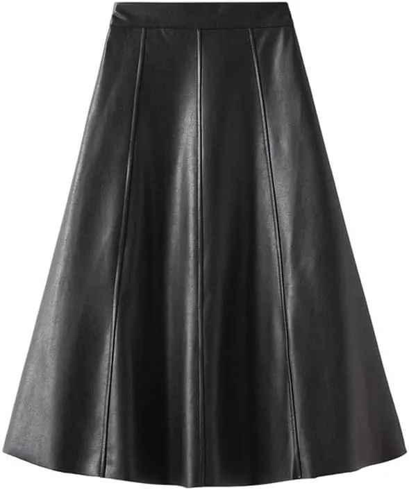 Vintage Faux Leather Skirt, Women's Autumn & Winter Midi Long A-Line, Female Beige & Khaki Elegant PU Style