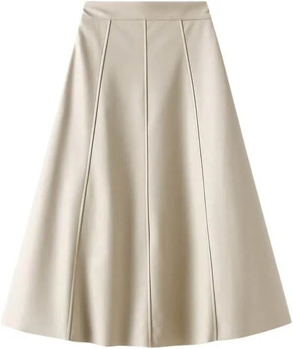 Vintage Faux Leather Skirt, Women's Autumn & Winter Midi Long A-Line, Female Beige & Khaki Elegant PU Style