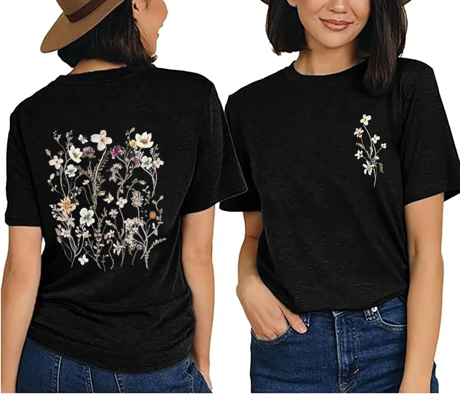 Vintage Flowers Tshirt Women Boho Distressed Wildflowers Graphic Tee Casual Short Sleeve Nature Shirts Tops
