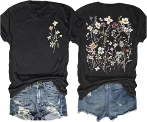 Vintage Flowers Tshirt Women Boho Distressed Wildflowers Graphic Tee Casual Short Sleeve Nature Shirts Tops
