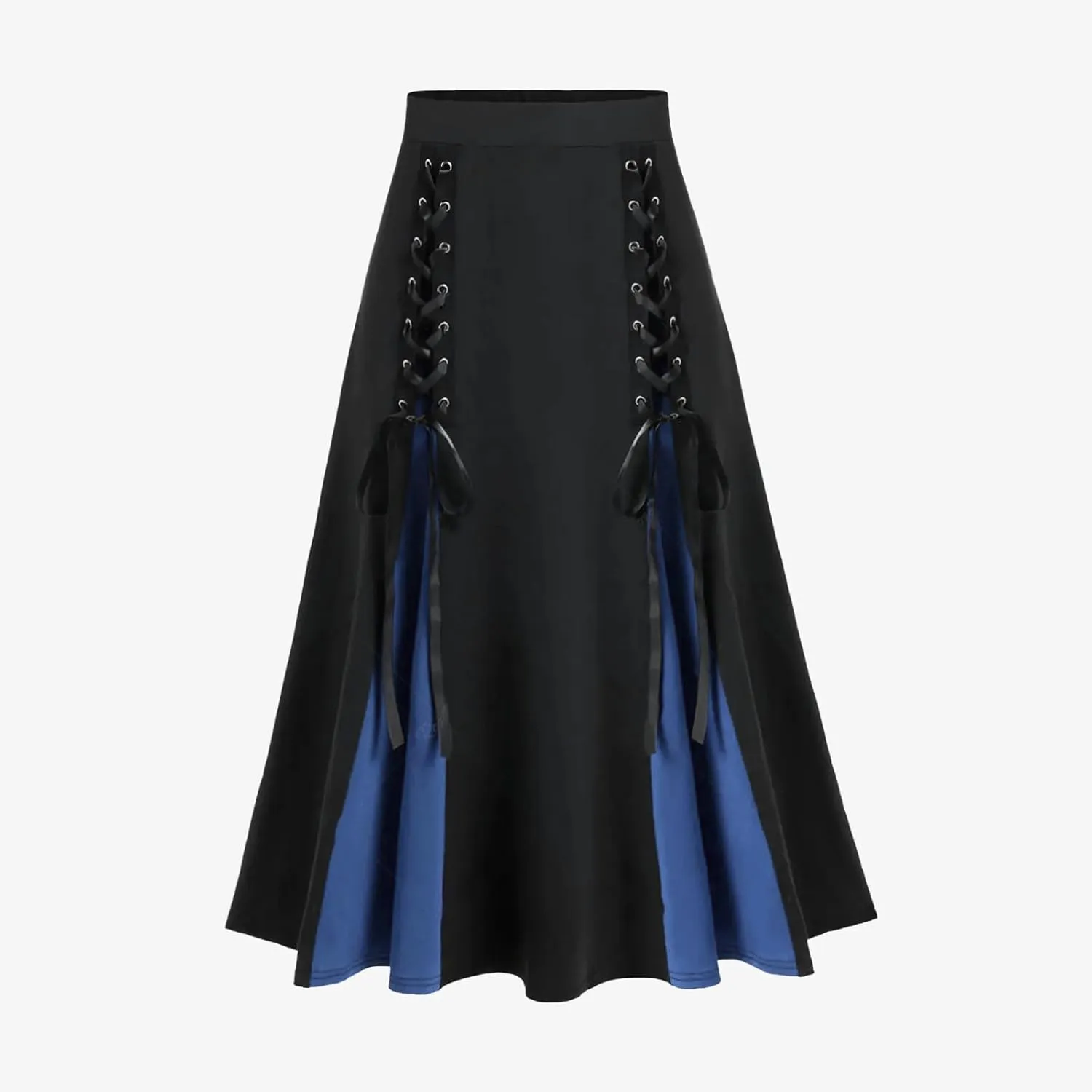 Vintage Gothic Midi Skirts Women Lace-Up Patchwork Medieval Steampunk A-Line Skirts Renaissance Pirate Swing Skirt