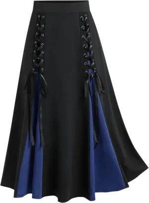 Vintage Gothic Midi Skirts Women Lace-Up Patchwork Medieval Steampunk A-Line Skirts Renaissance Pirate Swing Skirt