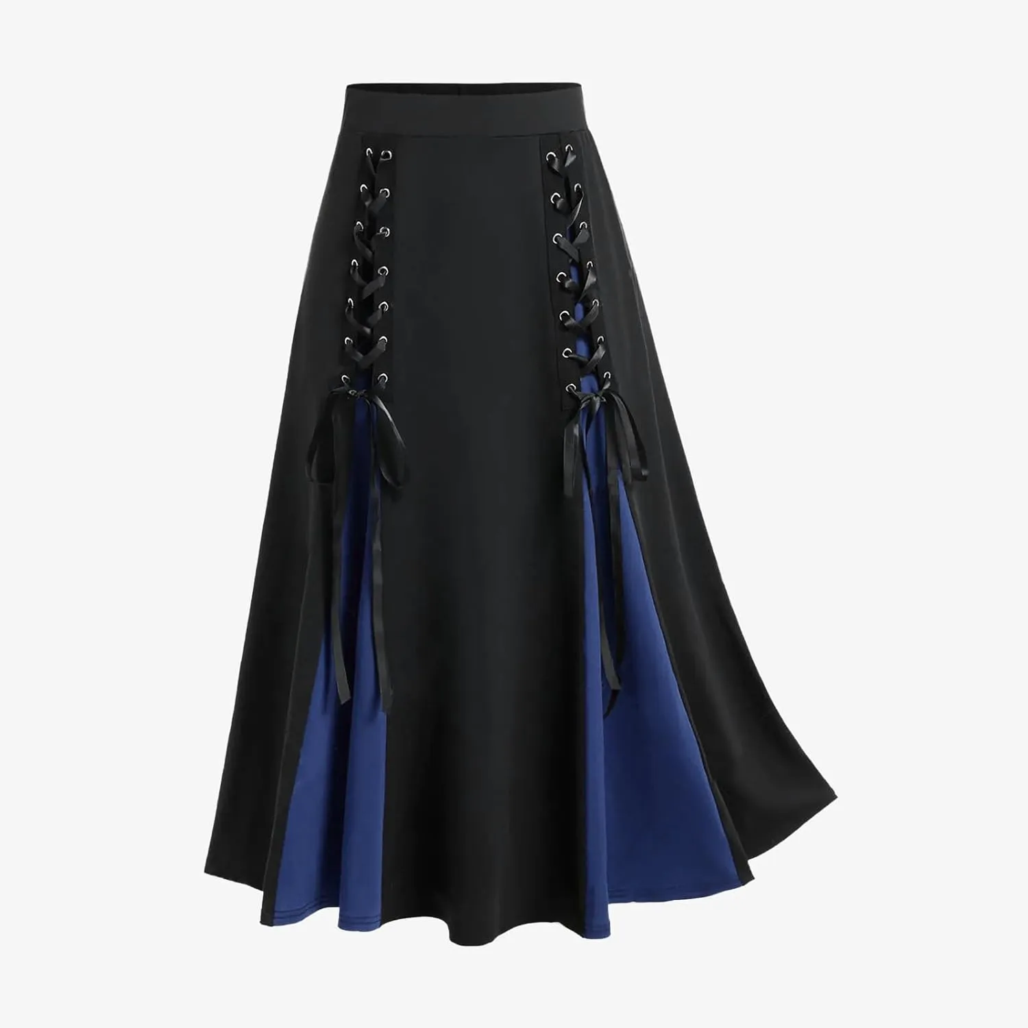 Vintage Gothic Midi Skirts Women Lace-Up Patchwork Medieval Steampunk A-Line Skirts Renaissance Pirate Swing Skirt