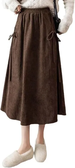 Vintage Midi Long Corduroy A-Line Skirt, Women's High Waist Fleece Pleated, Female Casual Drawstring Design