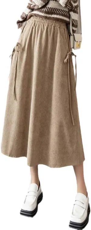 Vintage Midi Long Corduroy A-Line Skirt, Women's High Waist Fleece Pleated, Female Casual Drawstring Design
