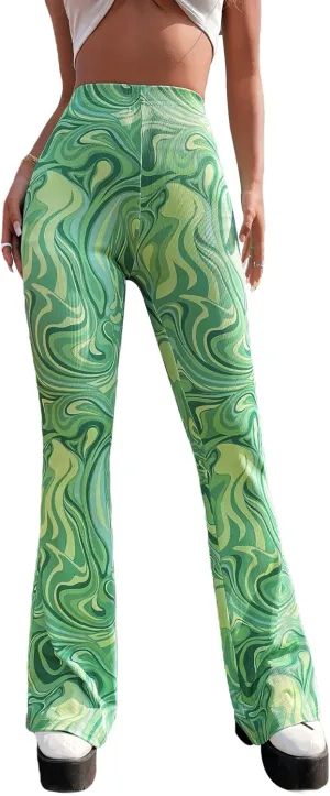 WDIRARA Women's Marble Printed Flare Pants High Waisted Elastic Waist Casual 70s Disco Long Pants