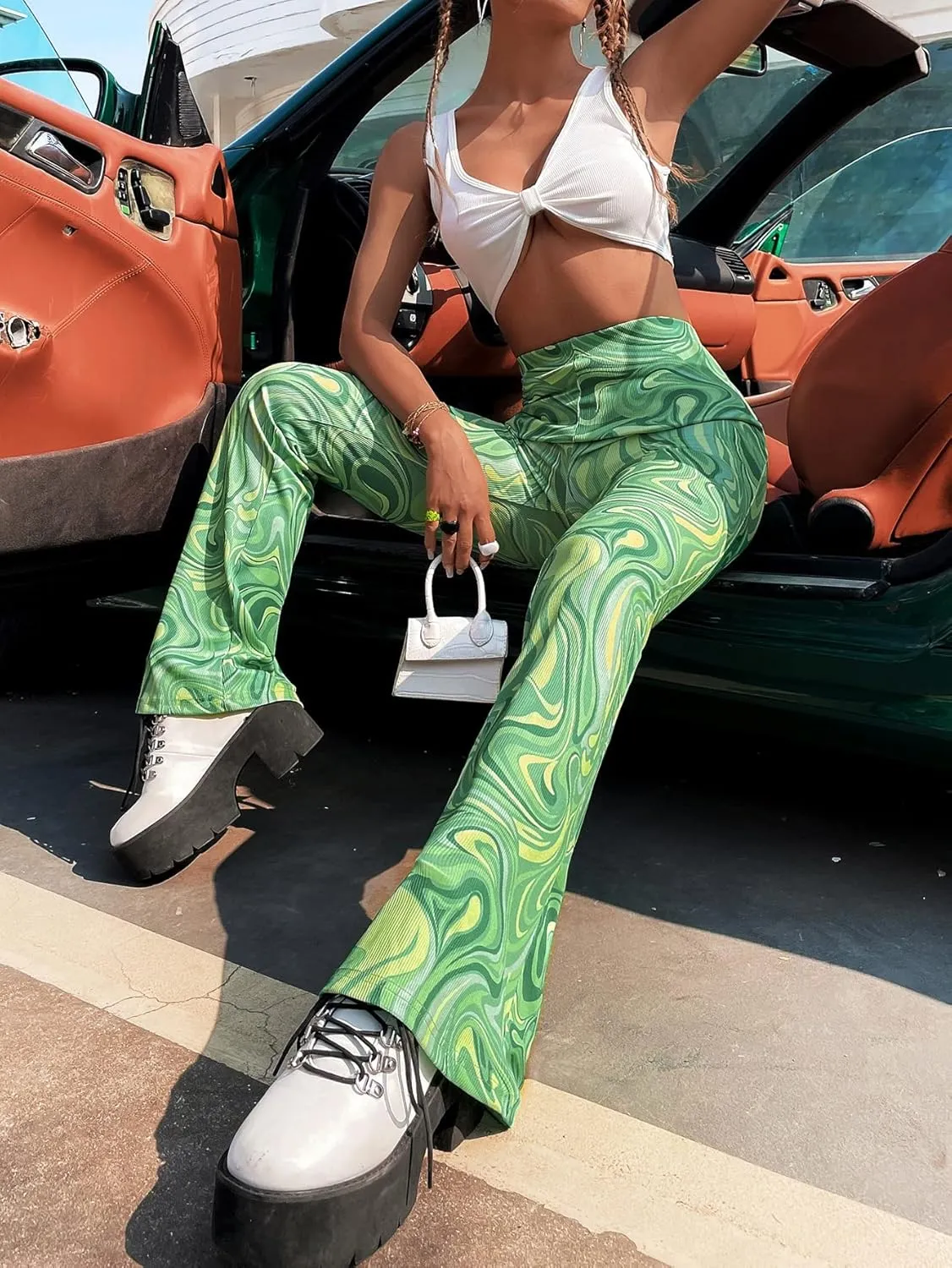 WDIRARA Women's Marble Printed Flare Pants High Waisted Elastic Waist Casual 70s Disco Long Pants