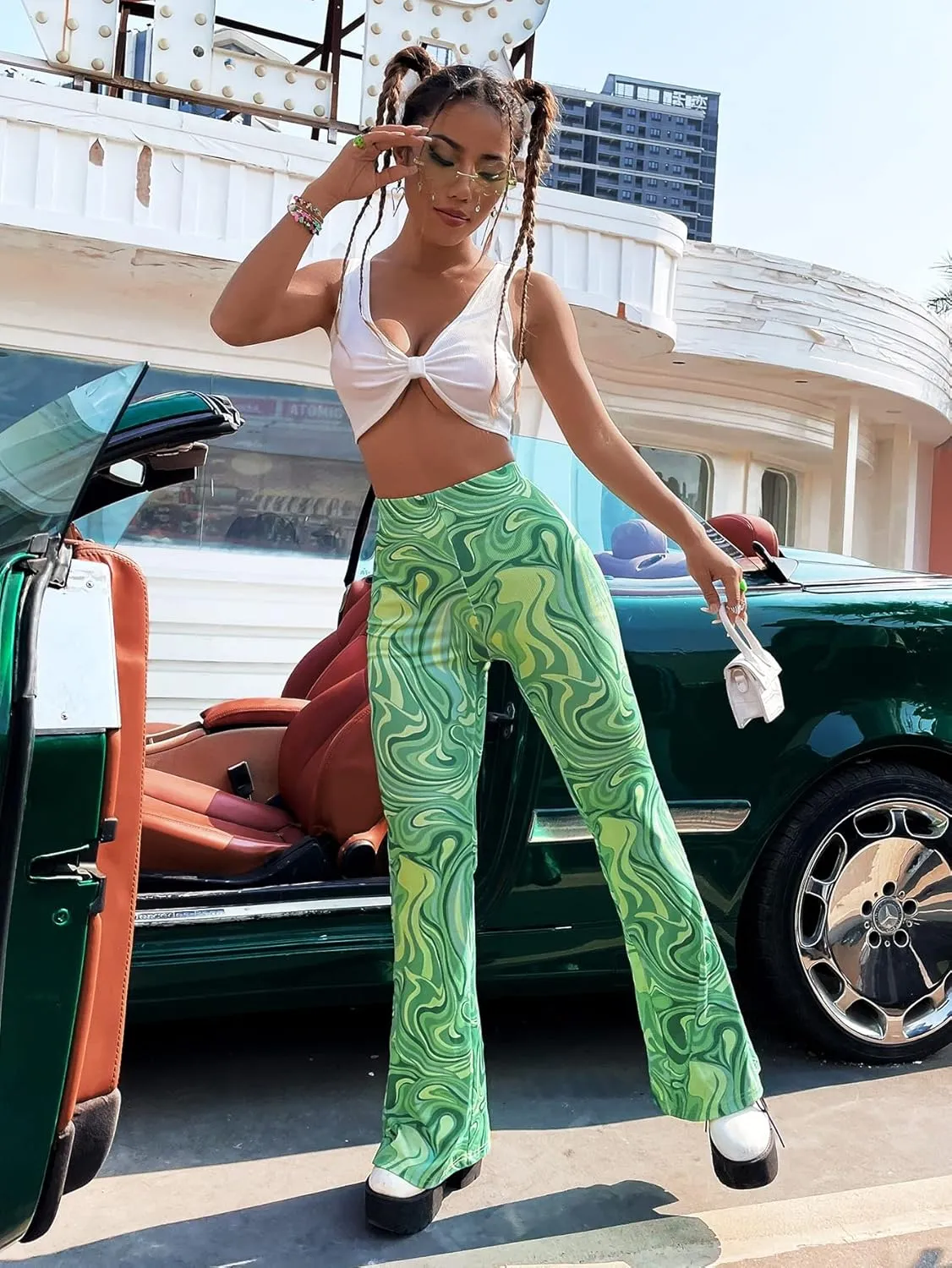 WDIRARA Women's Marble Printed Flare Pants High Waisted Elastic Waist Casual 70s Disco Long Pants