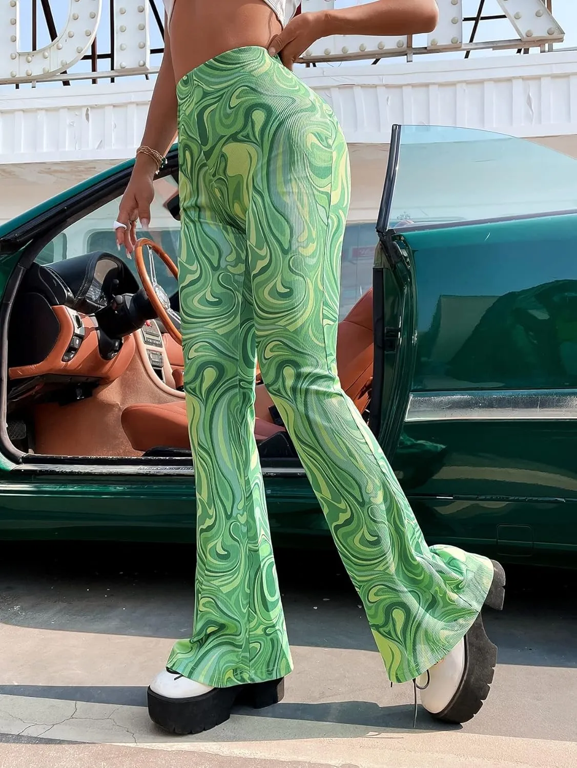 WDIRARA Women's Marble Printed Flare Pants High Waisted Elastic Waist Casual 70s Disco Long Pants