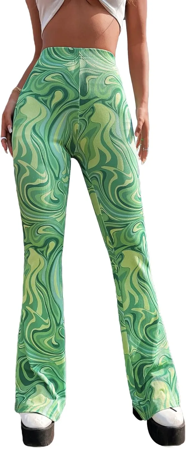 WDIRARA Women's Marble Printed Flare Pants High Waisted Elastic Waist Casual 70s Disco Long Pants
