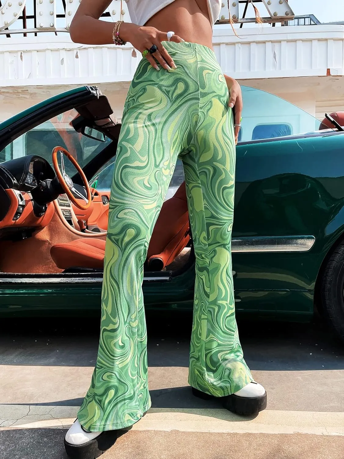 WDIRARA Women's Marble Printed Flare Pants High Waisted Elastic Waist Casual 70s Disco Long Pants