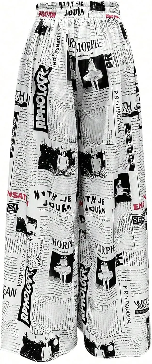WDIRARA Women's Newspaper Print Wide Leg Pants Elastic Waist Loose Funky Letter Print Palazzo Pants