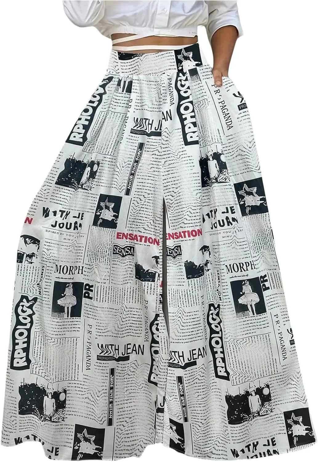 WDIRARA Women's Newspaper Print Wide Leg Pants Elastic Waist Loose Funky Letter Print Palazzo Pants