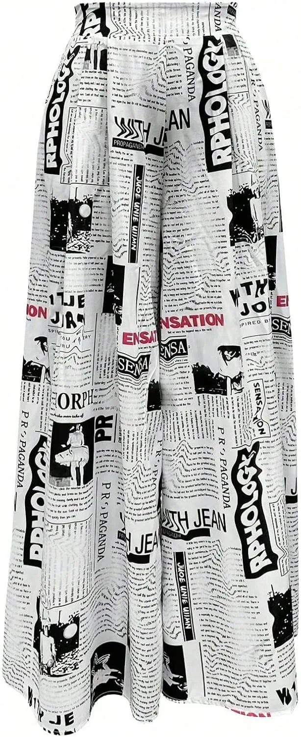 WDIRARA Women's Newspaper Print Wide Leg Pants Elastic Waist Loose Funky Letter Print Palazzo Pants